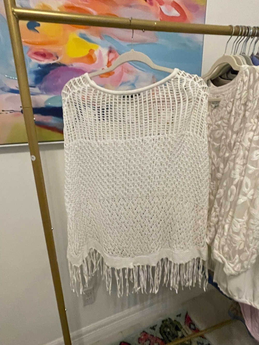 INC International Concepts White Crochet Fringe Top beach pool cover up Large - Picture 3 of 6